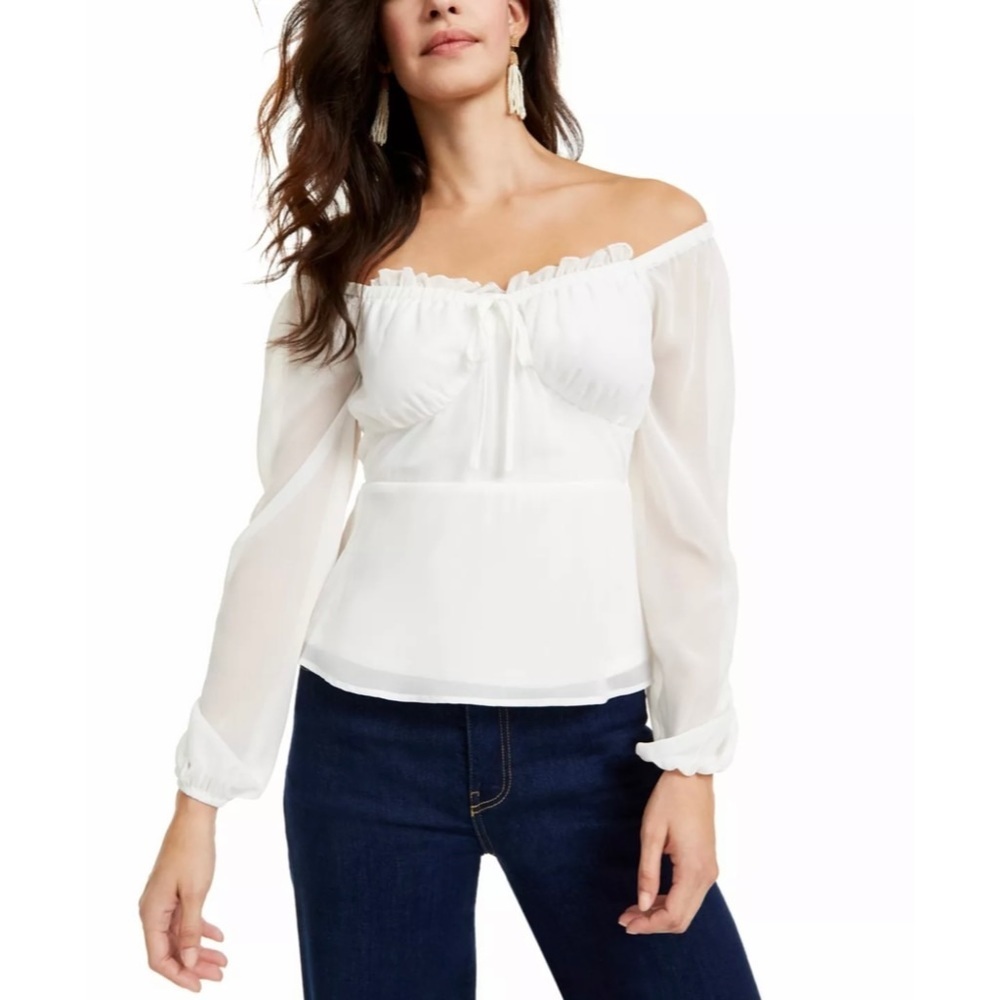 Q+A White Tie Ruched Long Sleeve Off Shoulder Top
